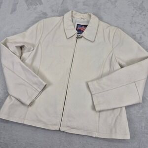 USA Leather Jacket Cream White Zip Front Collared Womens Classic Coat L XL